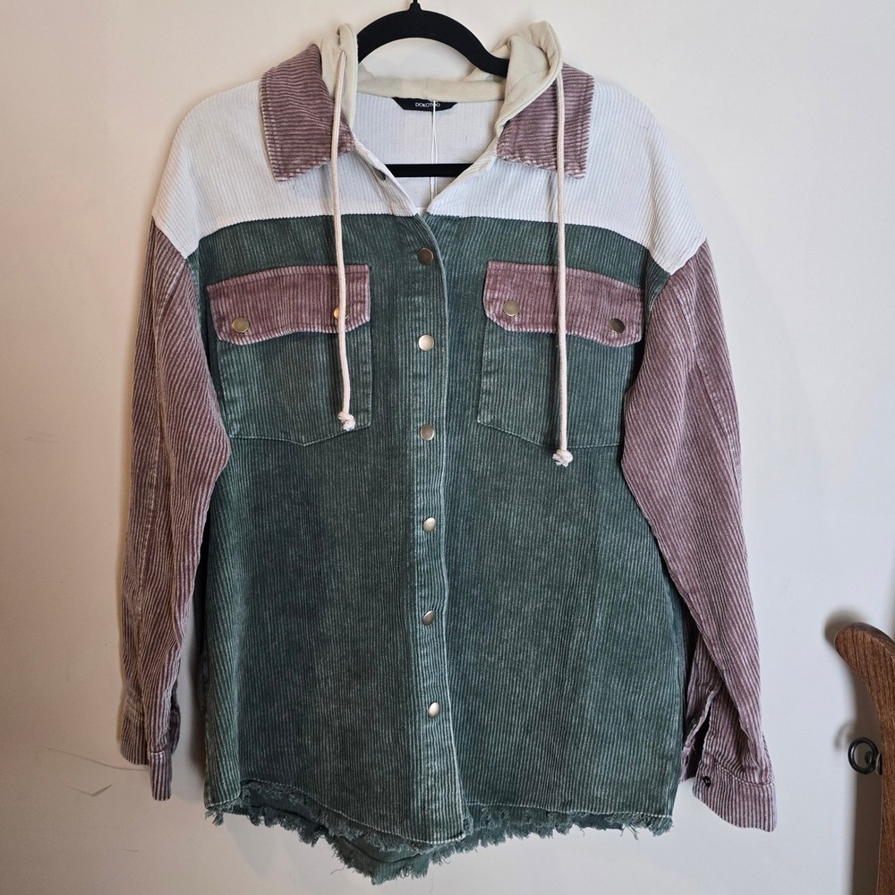 Dokotoo Womens Colorblock Corduroy Hooded Shacket Green Mauve Frayed Hem NWT